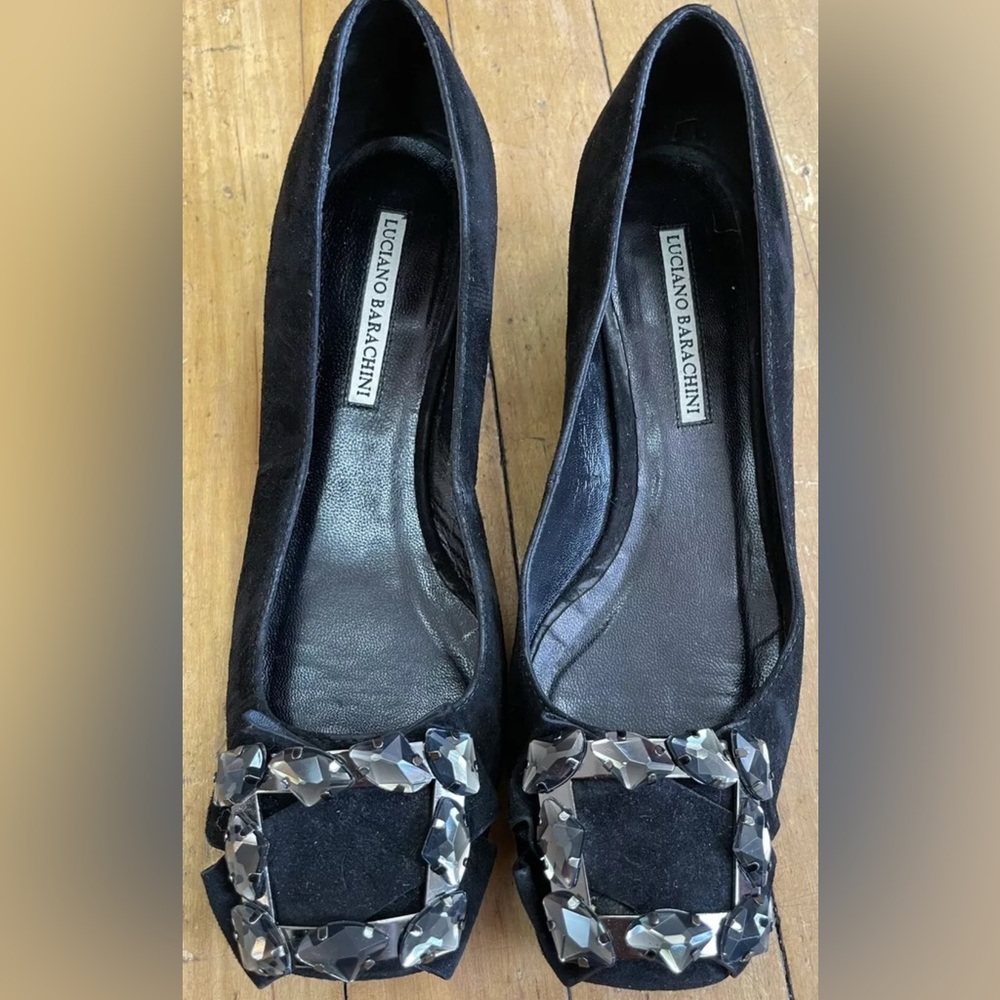 LUCIANO BARACHINI black suede rhinestone shoes loafers 36.5 6